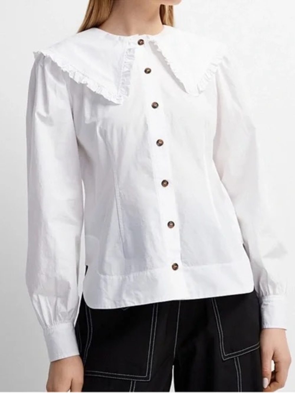 GANNI Women's White Ruffle Poplin Collar Button-Front Shirt
